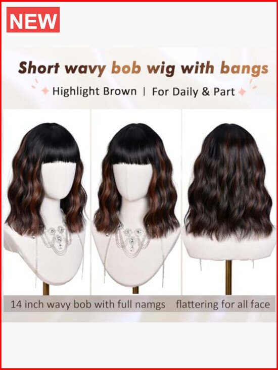 Short Wavy Bob Wig with Bangs for Women, Shoulder Length, Silky Soft Synthetic main image 4